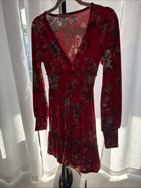 Love Squared Red Floral Smocked-Waist Long Sleeve Dress